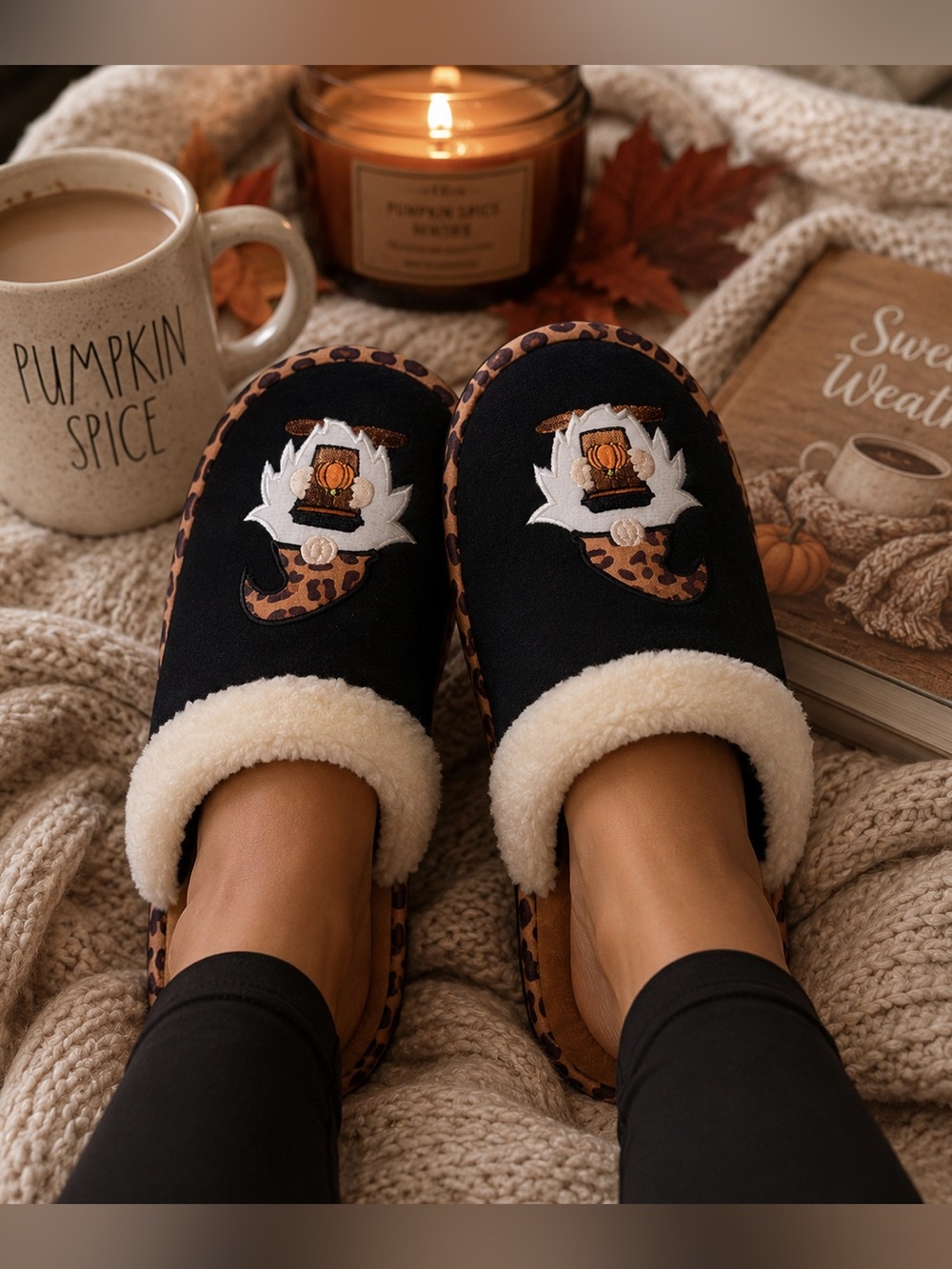 Dakota Fleece- NWT Leopard Trim Pumpkin Spice Gnome Slippers Size 9/10